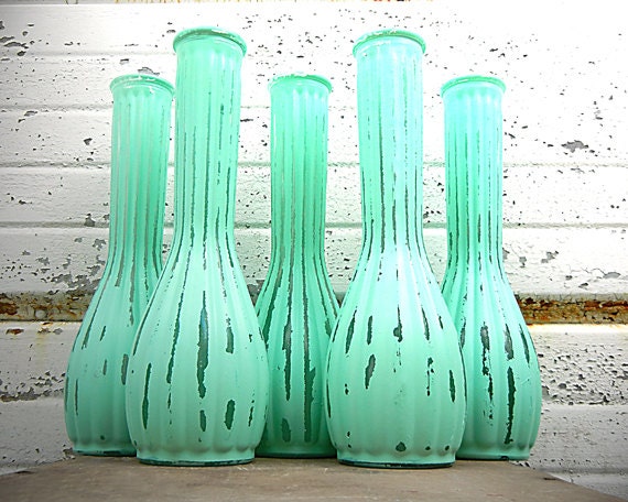 Set of Five Vases Mint Green Matching Bubble Bottom Glass Bud Vases 9 Inches Tall Painted Bright Shabby Chic Modern Distressed Trendy Color