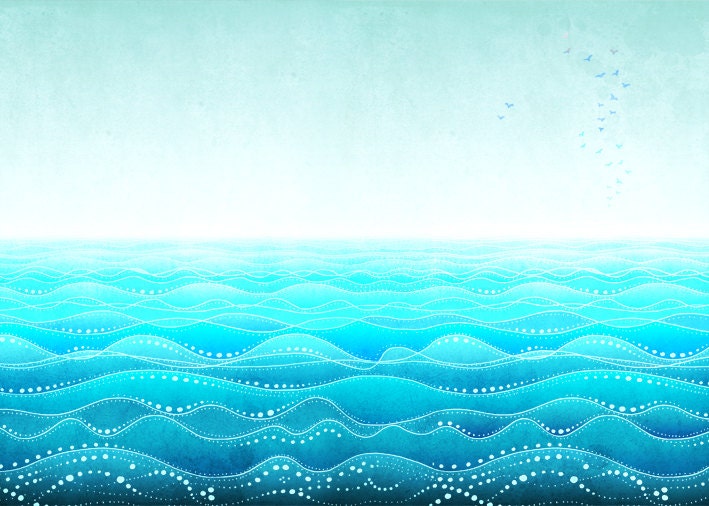 Through all ages - landscape - Art illustration - Turquoise art print  - Love decor - Love, turquoise, blue, sea, water, ocean