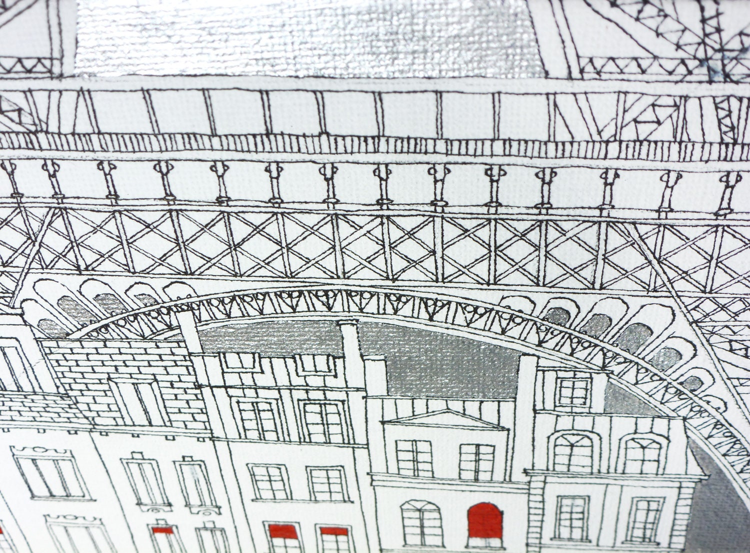 RESERVED item - SHINY PARIS - Original acrylic painting on canvas board - Ready to hang,Eiffel tower,Silver,Unique,Paris decor,red,white