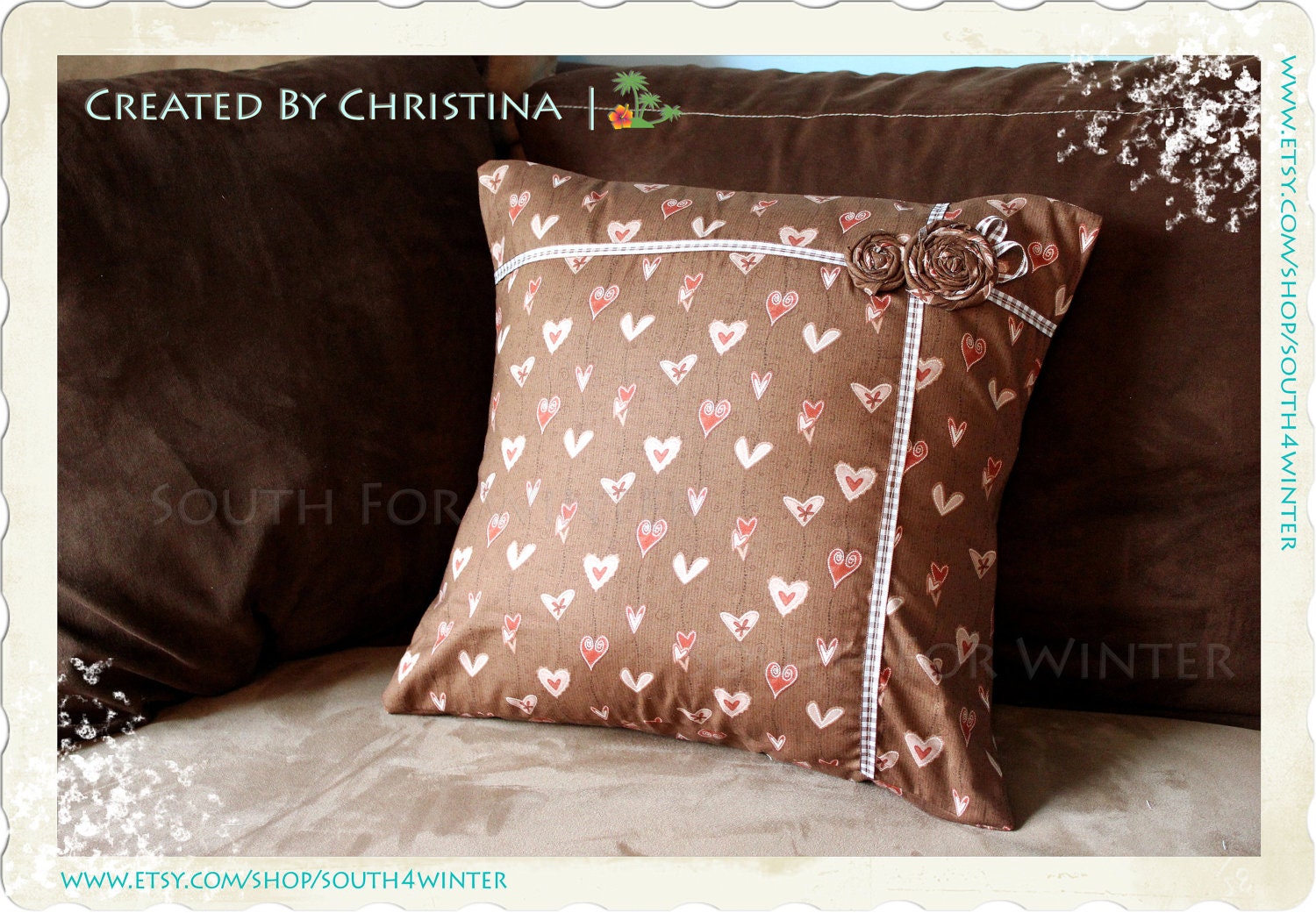 Rustic Hearts & Fabric Roses - Removable Throw Pillow Cover