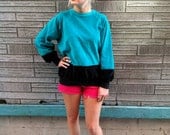 Vintage 80's Chunky VELVET Teal & Black Oversized Pullover Sweatshirt