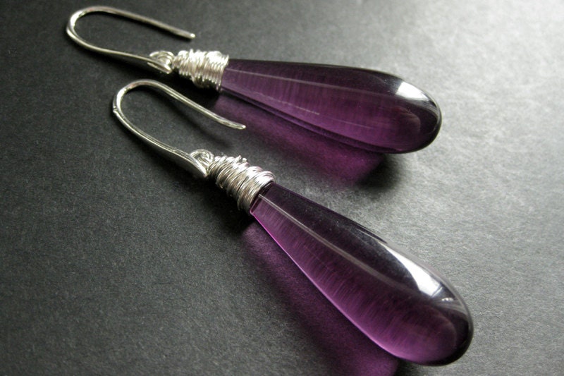 Long Earrings. Extra Long Teardrop Earrings. Purple Earrings Wire Wrapped in Silver. Handmade Jewelry.