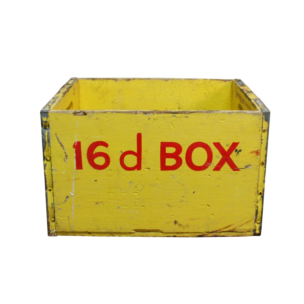 Vintage Industrial Yellow Wooden Crate -- 16D Hardware Box