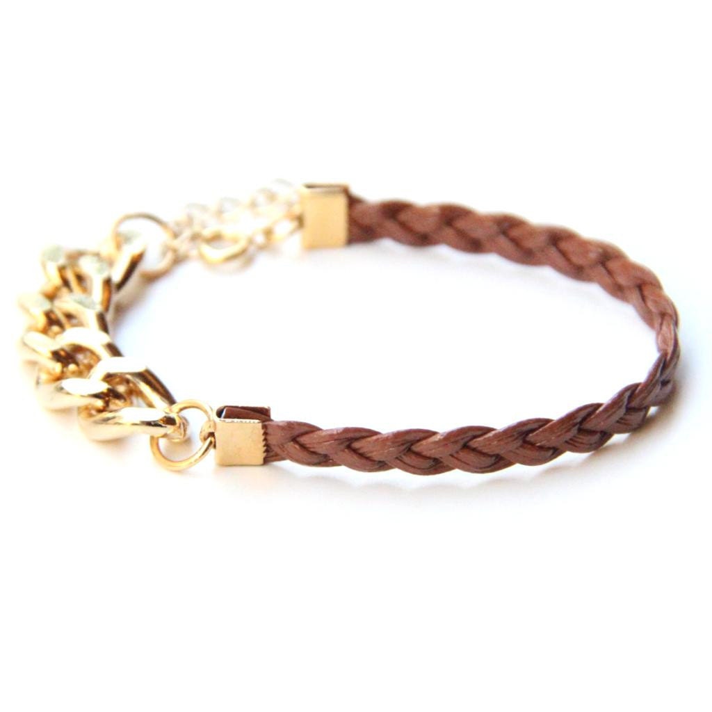 ON SALE: Arm Candy - Gold chunky chain with brown leather braid Bracelet - 24k gold plated
