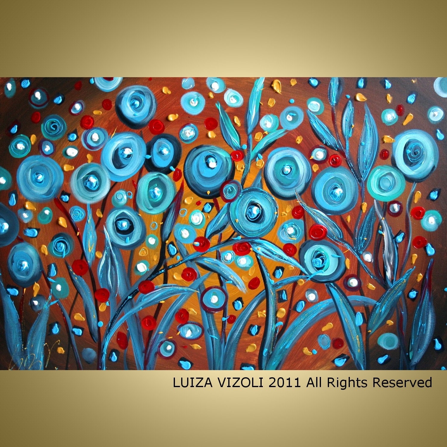PRINT on Canvas-ready to hang-BLUE POPPIES on Brown-Fantasy Flowers by Luiza Vizoli