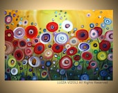 HAPPY FLOWERS 36x24 Large Giclee Stretched Canvas Modern Abstract Fantasy Whimsical Floral