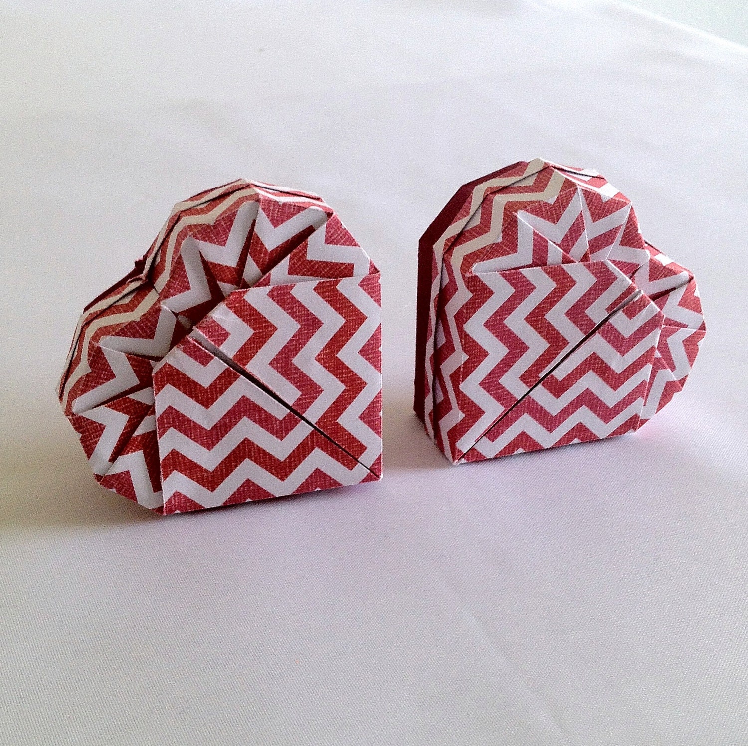 Origami Heart Boxes in Red Chevron Pattern - set of 2