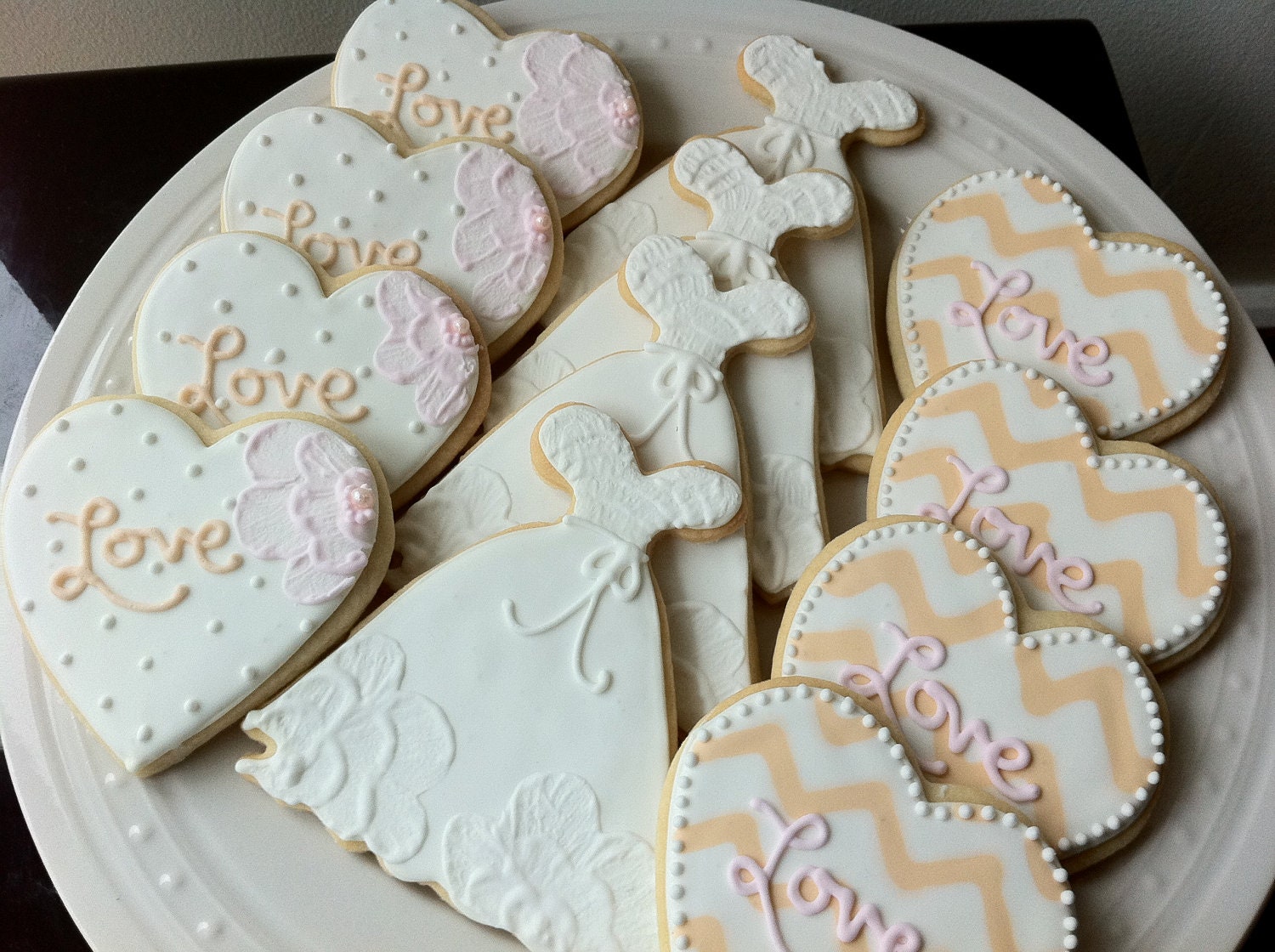 Custom Wedding Dresses and Chevron Love Hearts, Engagement and Wedding Decorated Cookies Set- Brush Embroidery Flowers