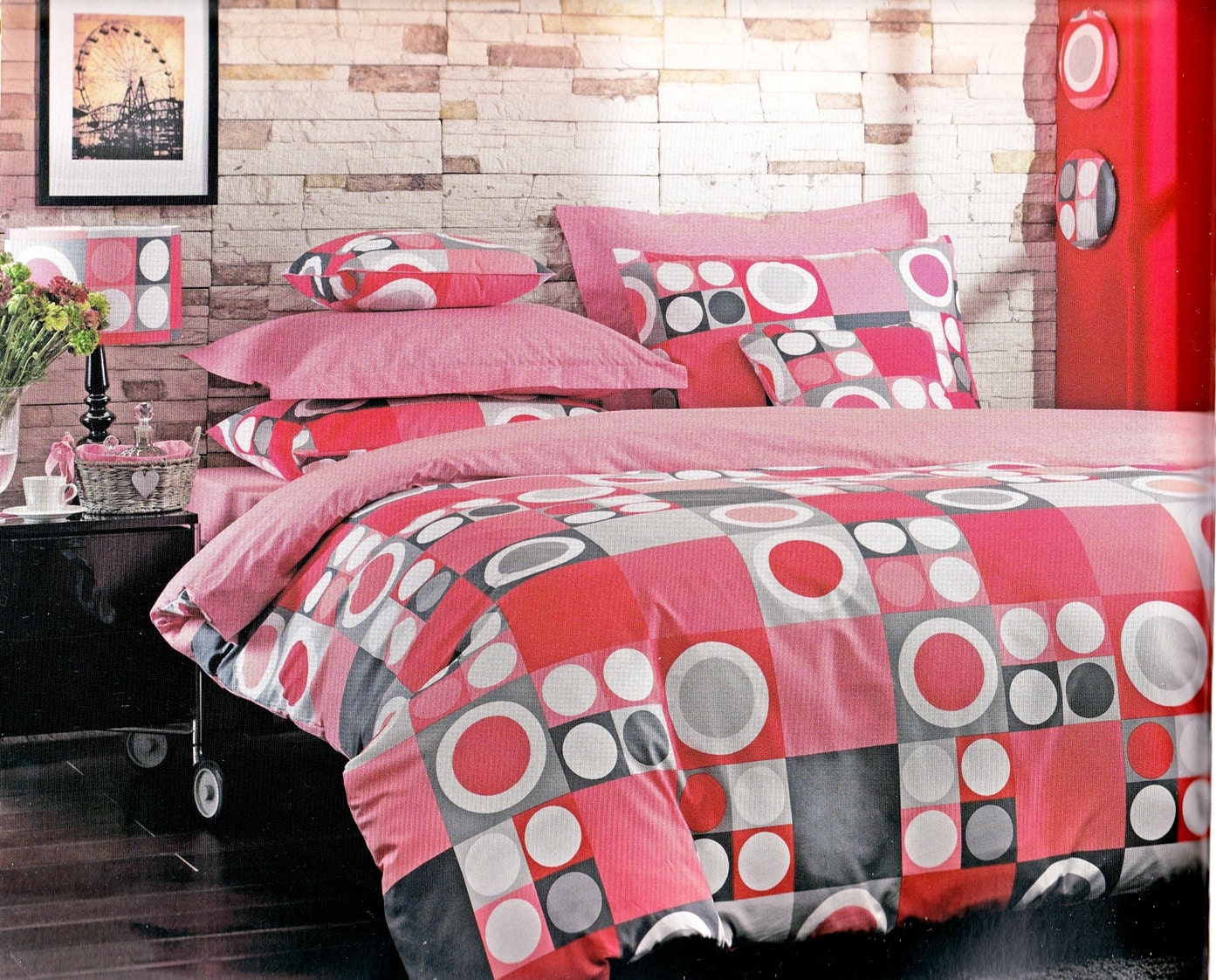 Custom Queen or Full Size Coral Red Pink and Smoke Geometrical Print Bedding Set
