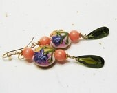 Angel skin coral earring Floral lampwork beaded earrings Green crystal dangle earring Romantic beaded jewelry Mothers Day