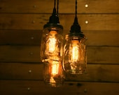 3 Pint Jar Pendant Light - Mason Jar Chandelier Light - Hanging Mason Jar Hanging Pendant Light - Clear Pint Jar Lighting