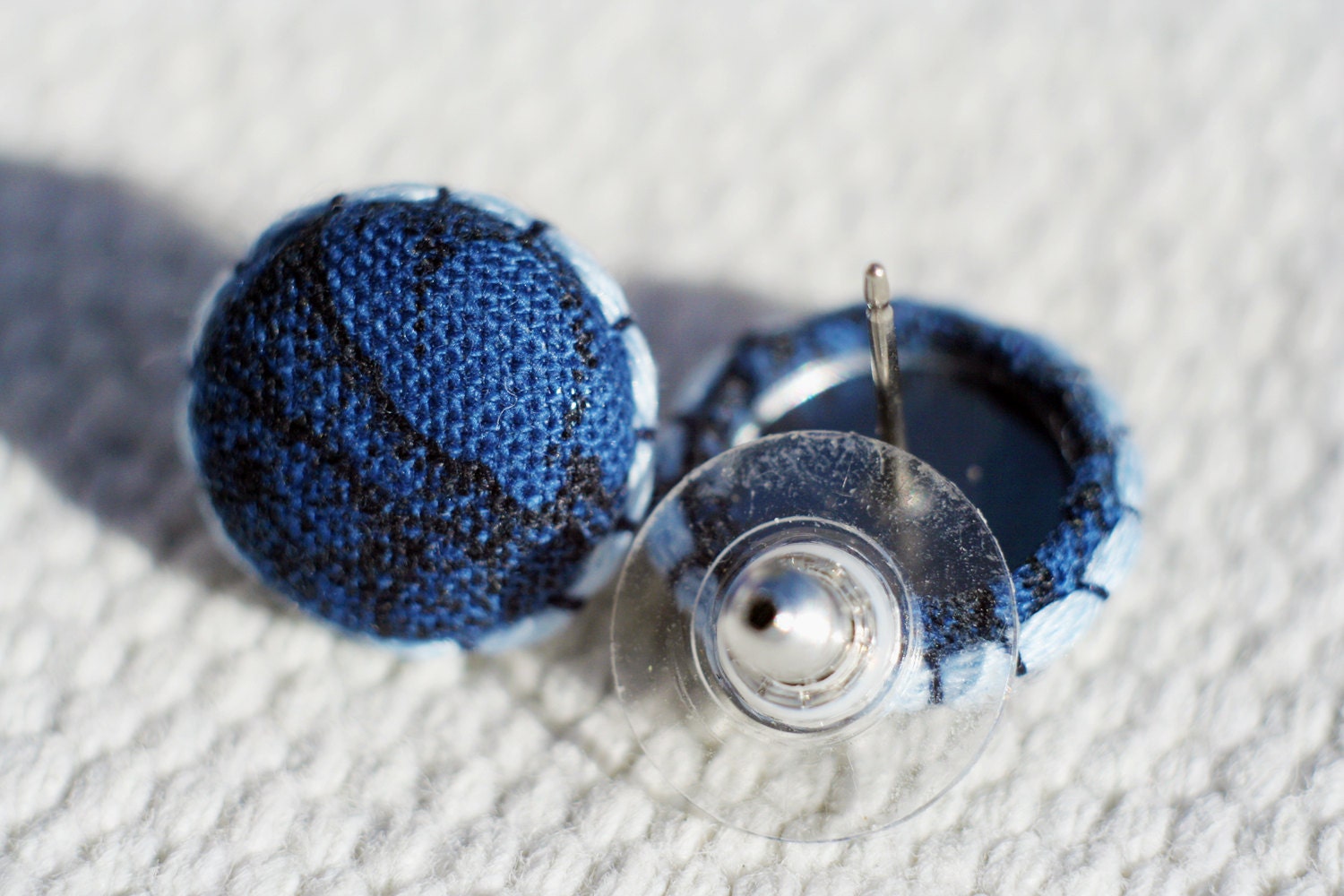 Dark Blue Fabric Button Earrings