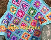 Crocheted afghan kaleidoscope granny squares BABY afghan baby blanket 32"x36" combo 2 colors with seafoam border READY to SHIP