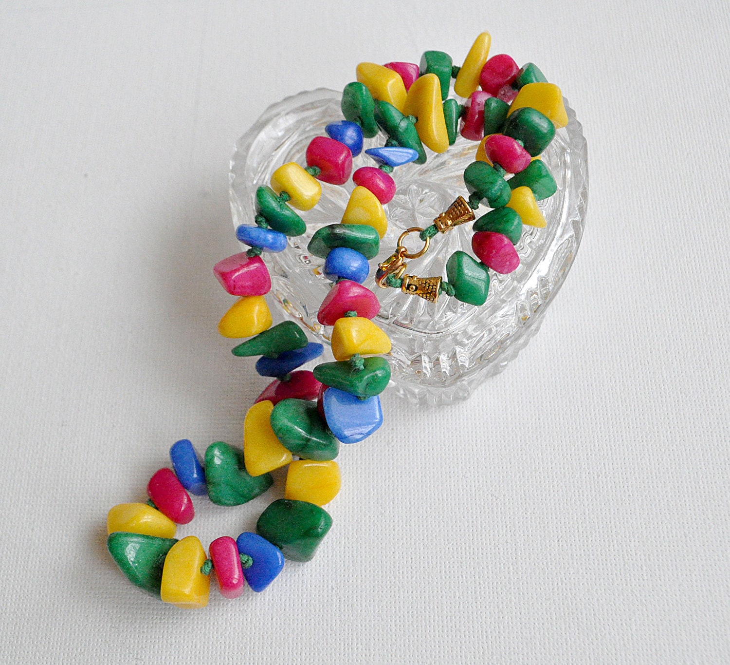 Necklace from natural stone beads, colorful, pink, green,  yellow, blue