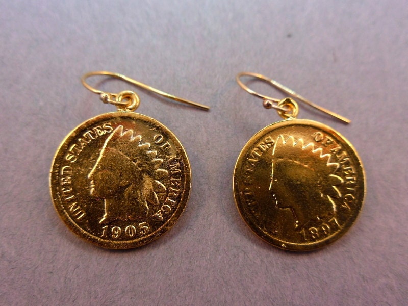 Indian Head Penny Earrings layered in 24k gold with gold fill earwires