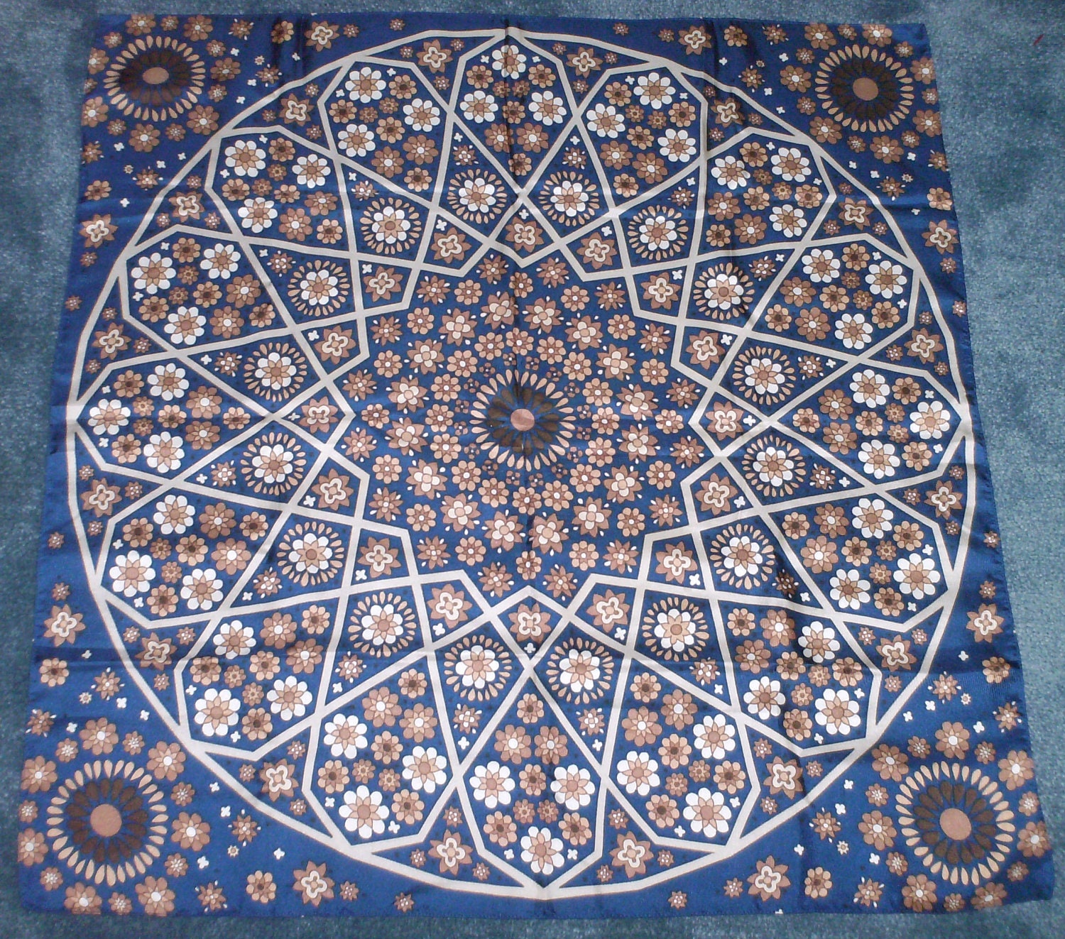 Vintage Liberty of London Dark Blue Brown Tan and Ivory Floral Silk Scarf