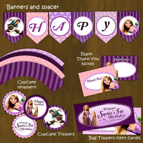 Tangled Rapunzel Printable Birthday Party Package - Rapunzel Tangled Complete Birthday Set - Invitation, cupcake toppers, party bags etc