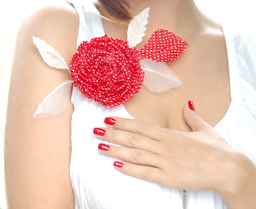 HANDMADE red polka dot silk flower hair clip/pin brooch