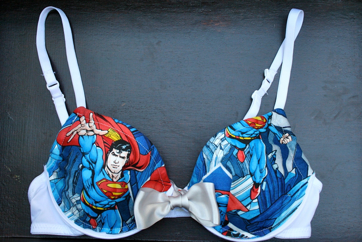 BOW OF STEEL: White Bra with Superman Comics Fabric and a big Silver Bow