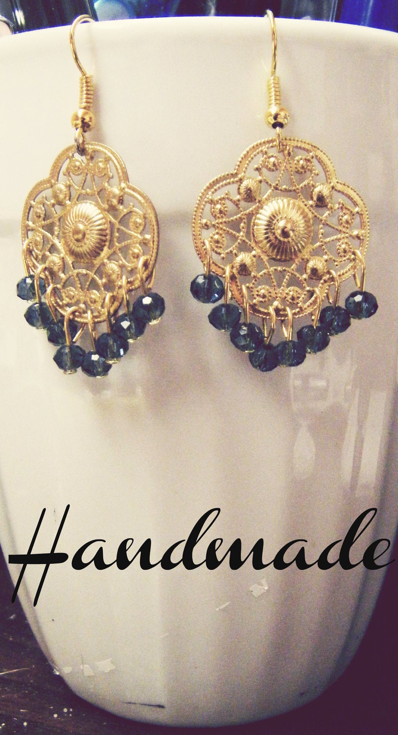 Boho Handmade Slate Blue Swarovski Crystal Gold filigree Medallion Dangle Chandelier Earrings