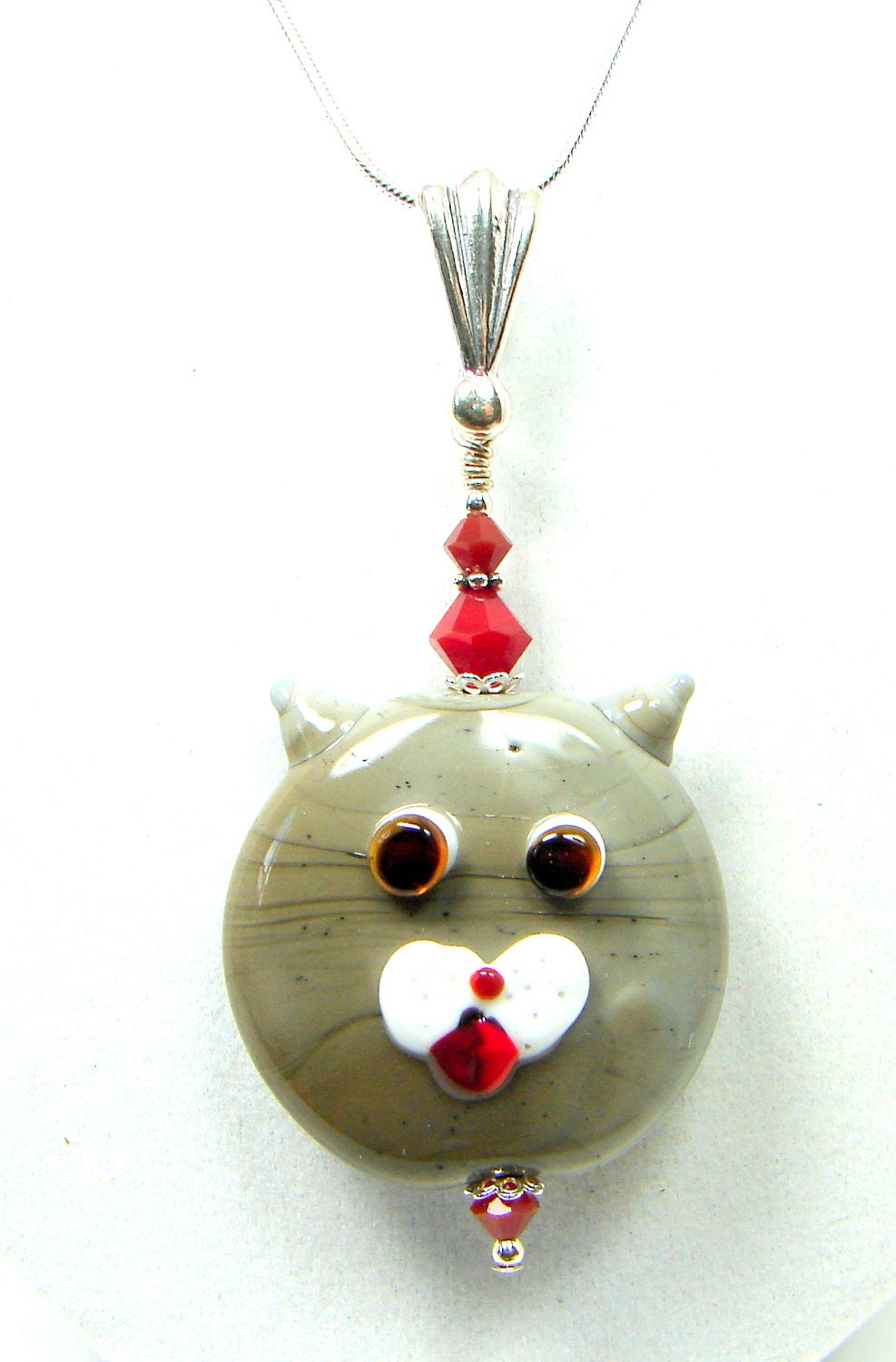 Cat Necklace Lampwork Necklace Gray Cat Meow Kitty by jillsgems1