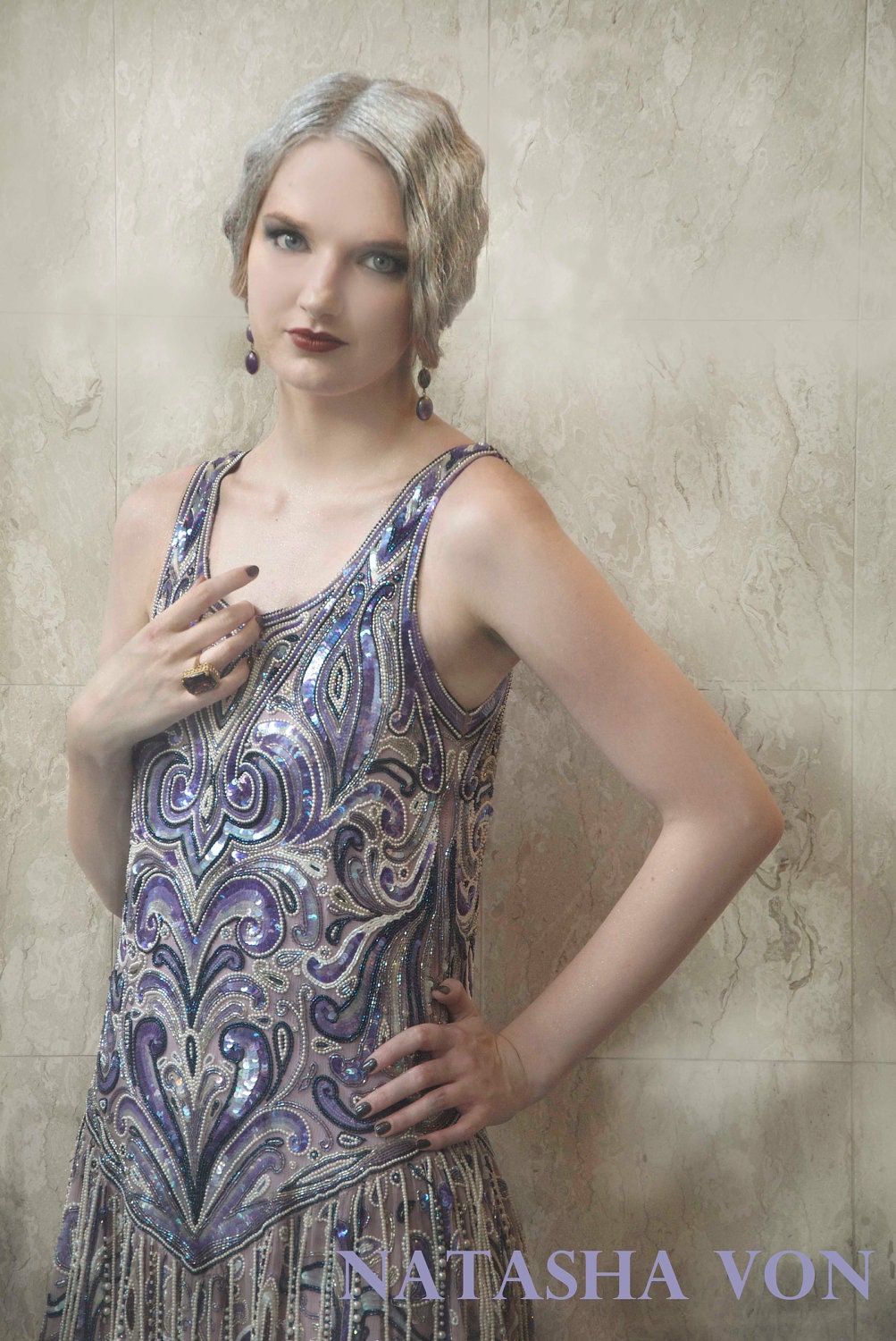 Ballets Russes , Art Deco Fantasy Gown  ... The Ultimate Great Gatsby Dress in Lilac Silk Chiffon  , shimmering  Sequins , Beads and pearls