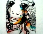 Art portrait aceo illustration with hand cut rounded edges. Dark abstract art reproduction artwork aceo drawing