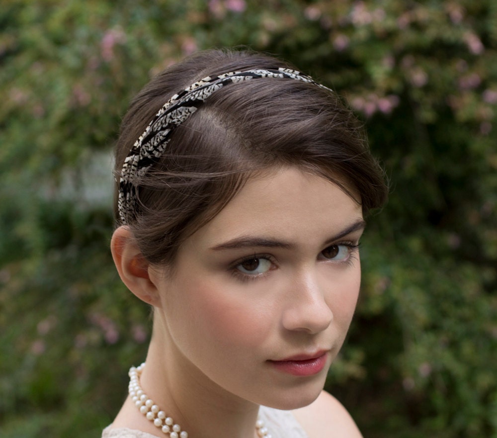 Chic Vintage Inspired Black and White Bridal Pheasant Feather Headband Hairpiece