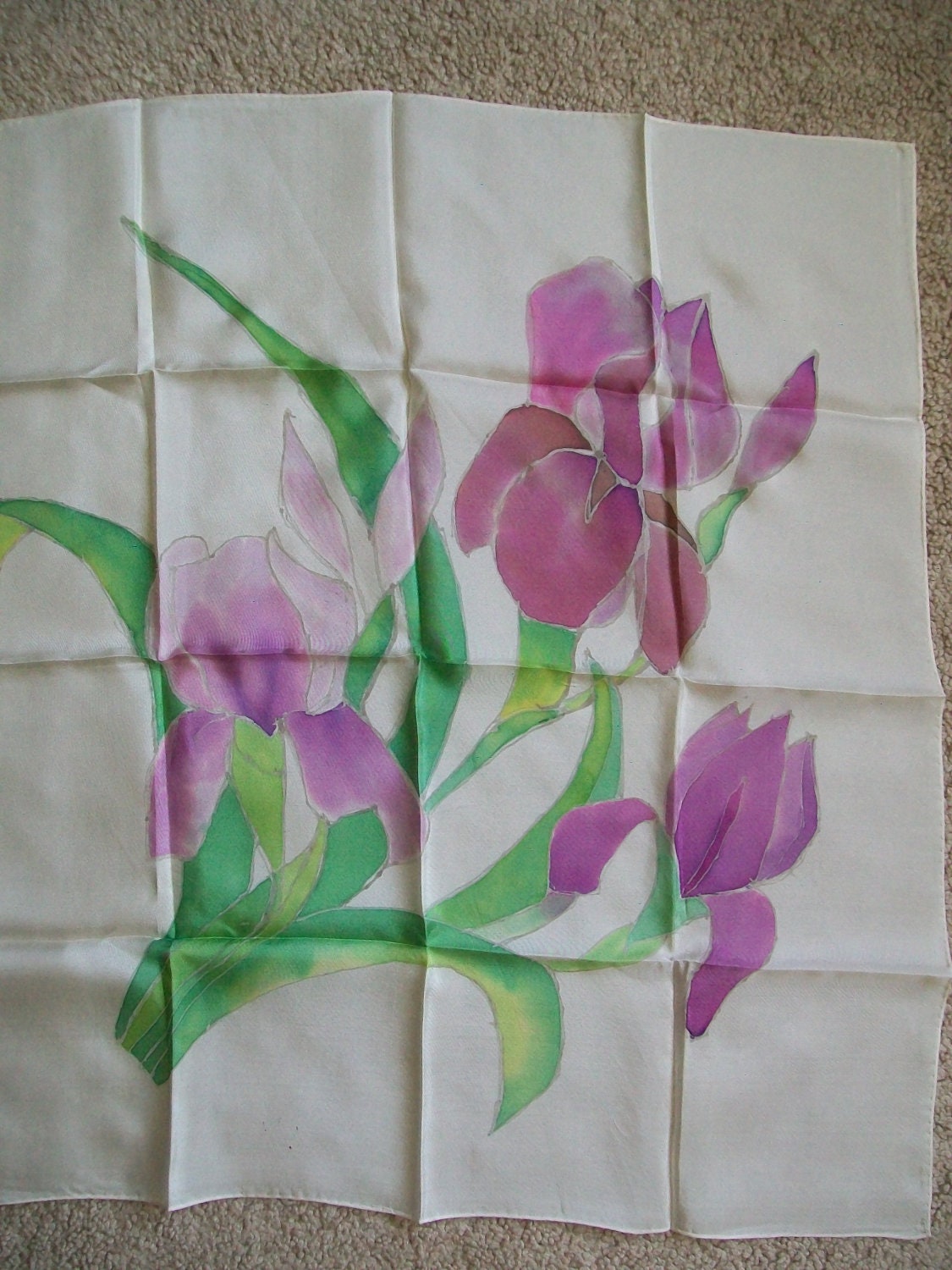 Vintage Square Silk Scarf- White with purple Iris