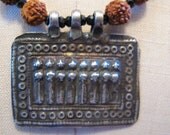 Rudraksha Mala Prayer Bead Necklace with Antique Indian Silver Dakini Goddesses  Amulet, 2mm Faceted Black Garnet Beads and Serpentine