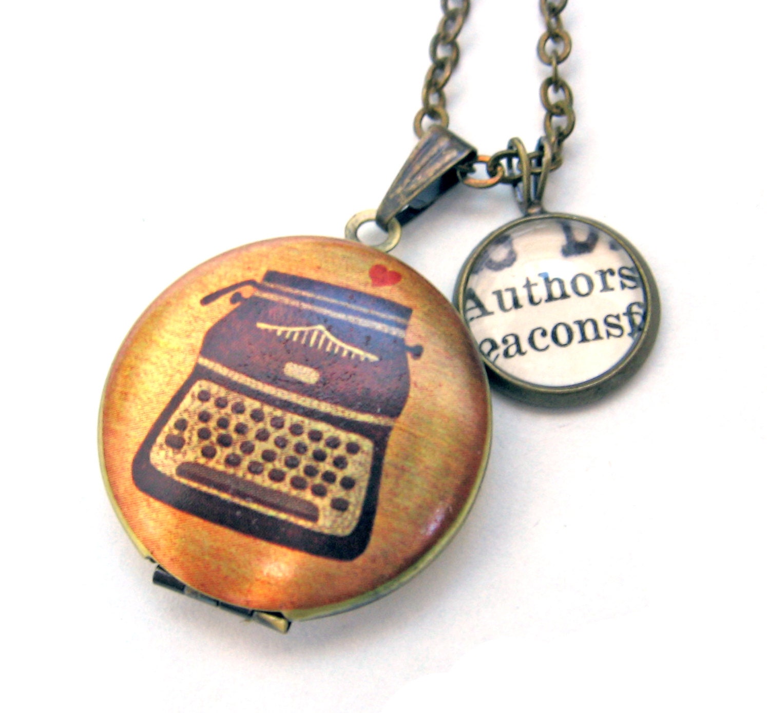 Typewriter Painted Locket Authors Love Writing Word Mini Pendant Brass Setting Library Card Necklace One of a Kind