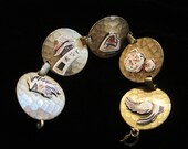 Asian Bracelet Brass Tone Vintage Round Charm Bracelet Metal Circular Chinese Japanese Asia China Japan Jewelry Tea Pagoda