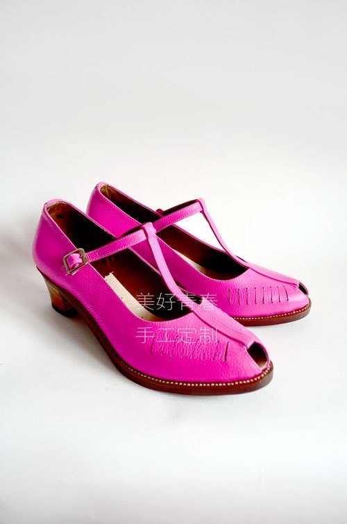 Vintage Style Handstitched Fluorescent Pink/Red Leather Shoes/ Mary Jane/Peep-toe/ T-strap Three colors