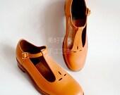 Vintage Style Handstitched Sweet Organe/Mint Green Leather Shoes/Mary Jane/ Flats/ T-Strap with petal