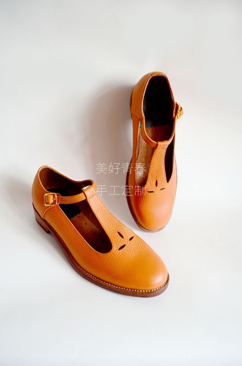 Vintage Style Handstitched Sweet Organe/Mint Green Leather Shoes/Mary Jane/ Flats/ T-Strap with petal