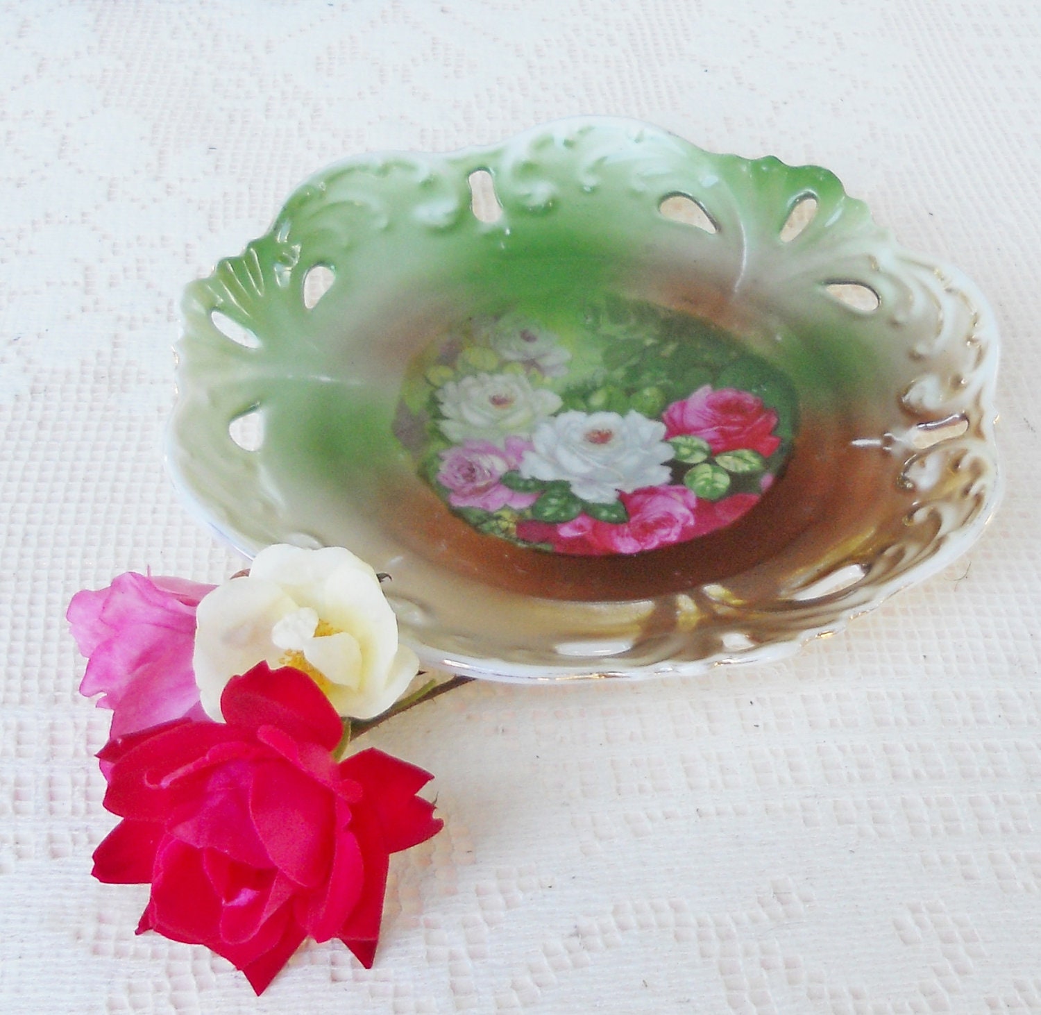 Deep Green and Roses Ornate Bowl - Vintage, Victorian, Shabby Chic, English Cottage, French Decor, Christmas, Farmhouse