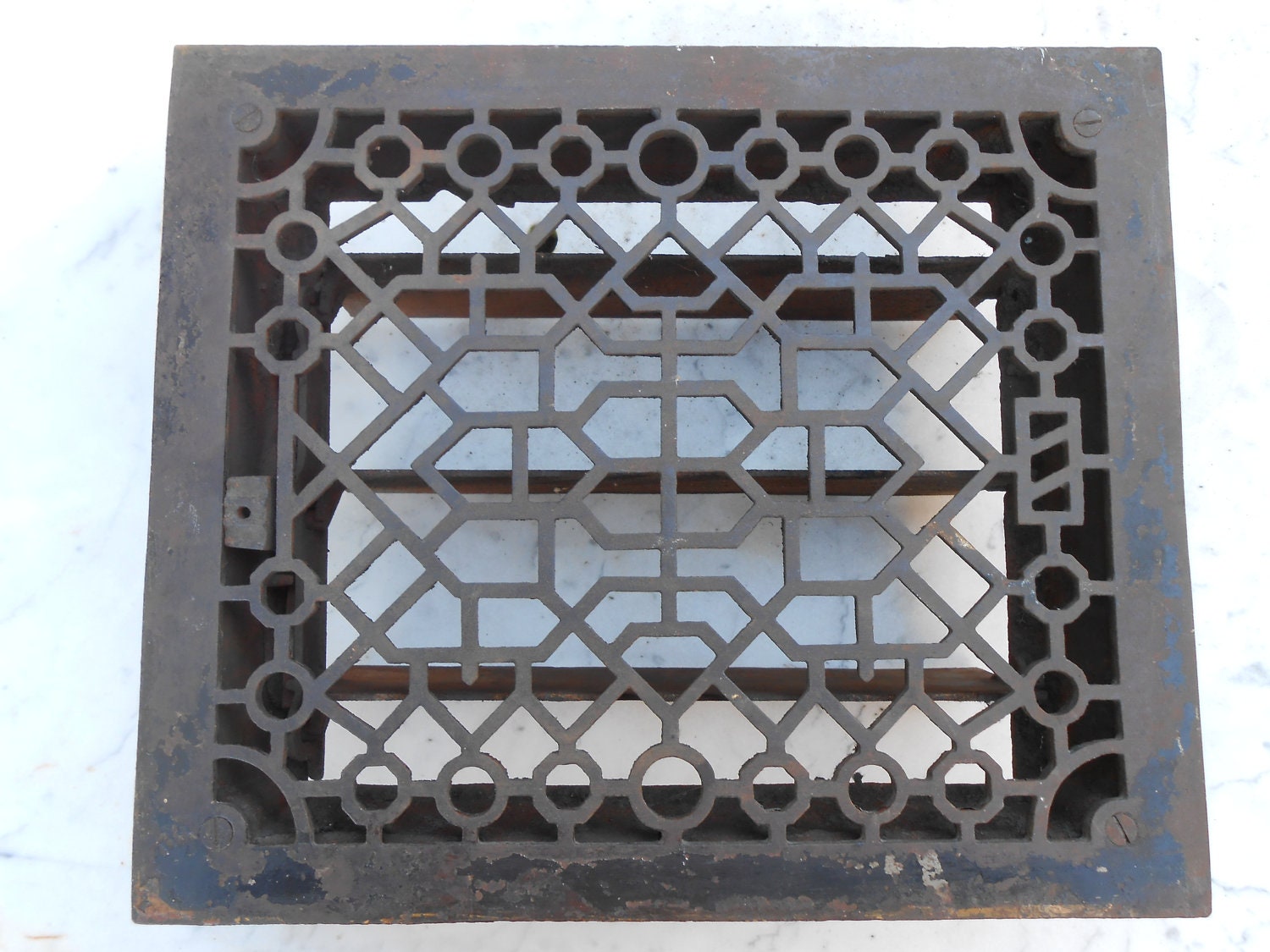 Antique Large Cast Iron Register Grate with Louvers in Ornate Geometric Design