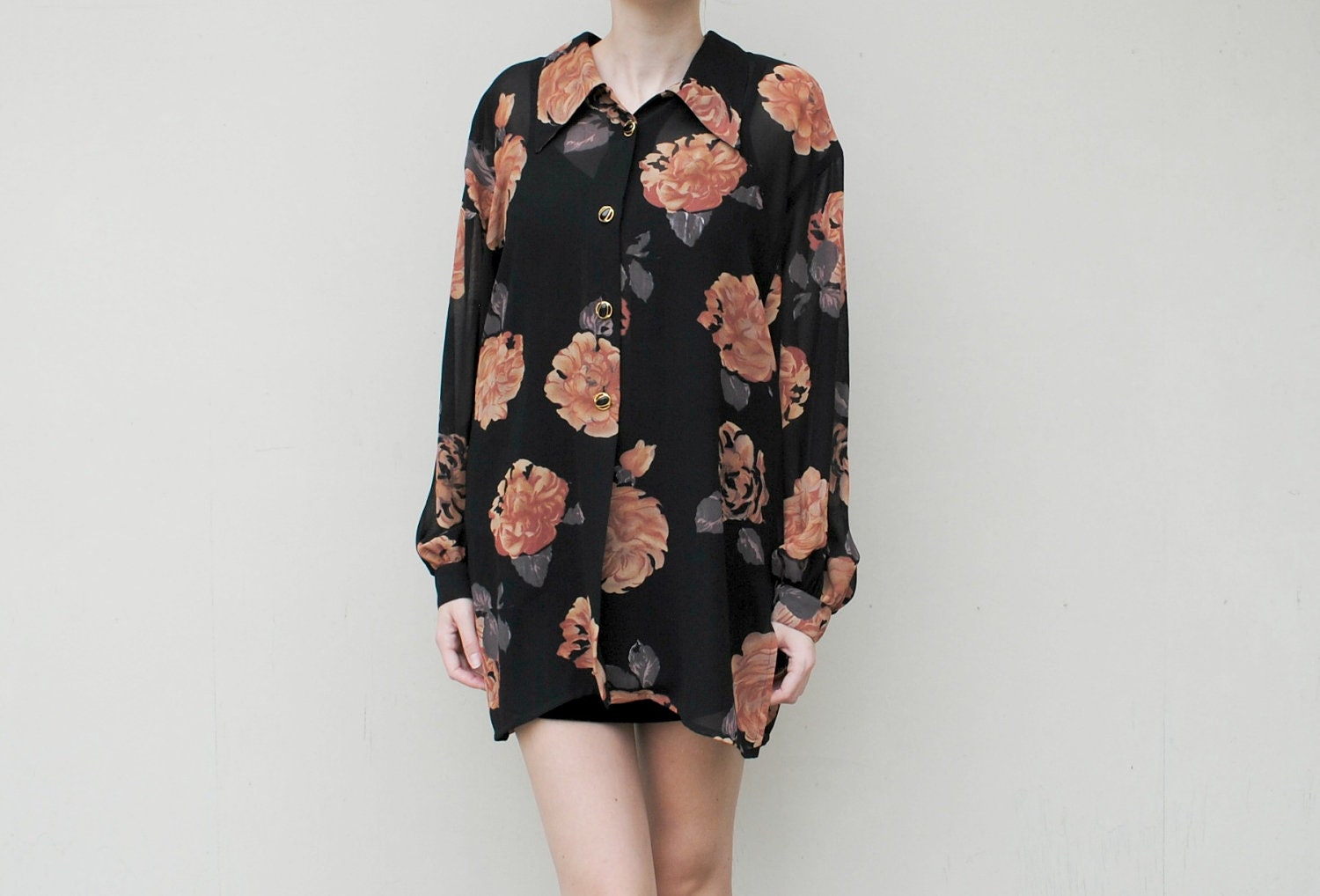 MAE.VALENTE Vintage 90s Black Sheer Blouse with Floral Print