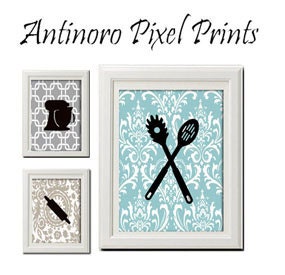 Vintage / Modern Kitchen Utensil Chevron Art Prints Collection  -Set of 3 - (2)5x7 (1) 8x11 Prints - Blue / khaki / Grey  (UNFRAMED)