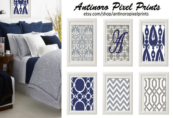 Personalized Navy Blue Grey White Wall Art Vintage / Modern Inspired -Set of 6 - 5x7 Prints -  (UNFRAMED)