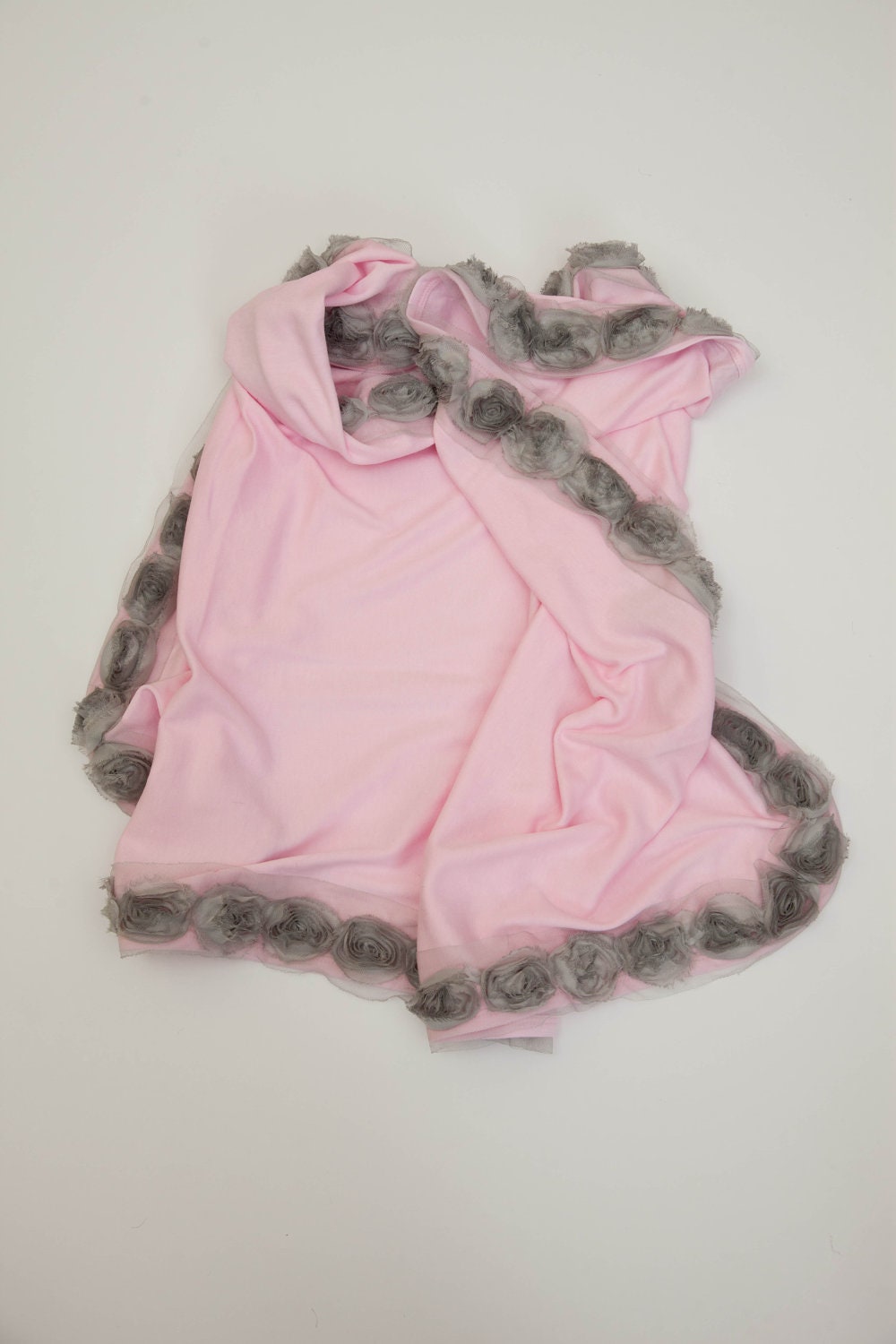 Newborn Infant Layette Baby Gown with Light Grey Chiffon Flowers and Rhinestones