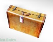 Very Nice Large Vintage Tan Faux Crocodile Skin Expanding Suitcase Steamer Trunk