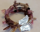 Boho Wrap Bracelet - Pink & Brown - Sari Silk Ribbon - Butterfly Bracelet