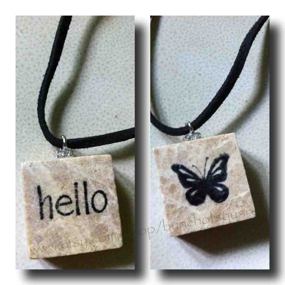 stone tile  hello butterfly pendant (double sided)