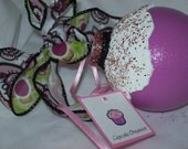 Christmas Holiday Hand Painted Magenta Black Retro Glass Cupcake Tree Decoration Ornament Flower Pink Black Green Glitter Wired Ribbon Bow