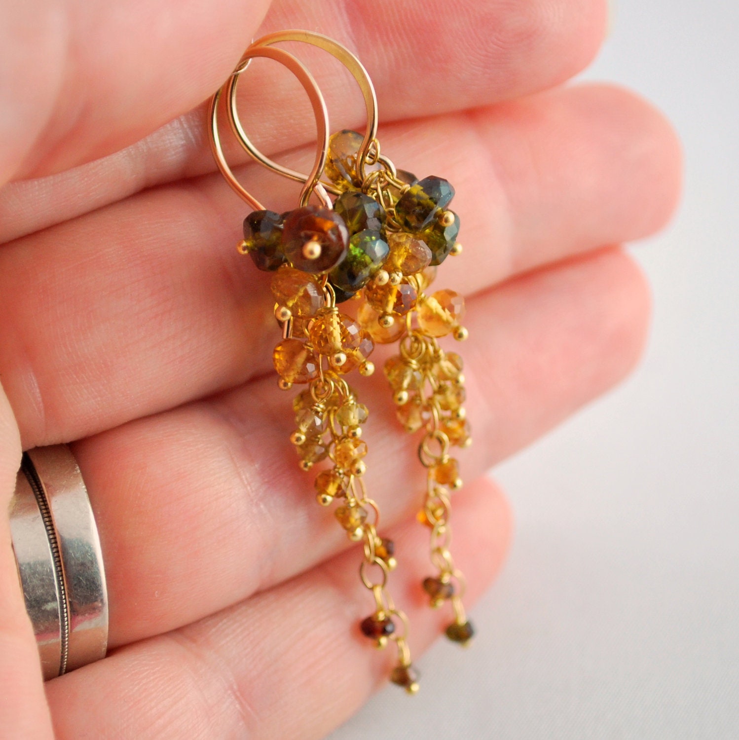 Autumn Wedding Earrings Genuine Tourmaline Citrine Gemstone Cluster Bridal Jewelry - Cornucopia - Complimentary Shipping
