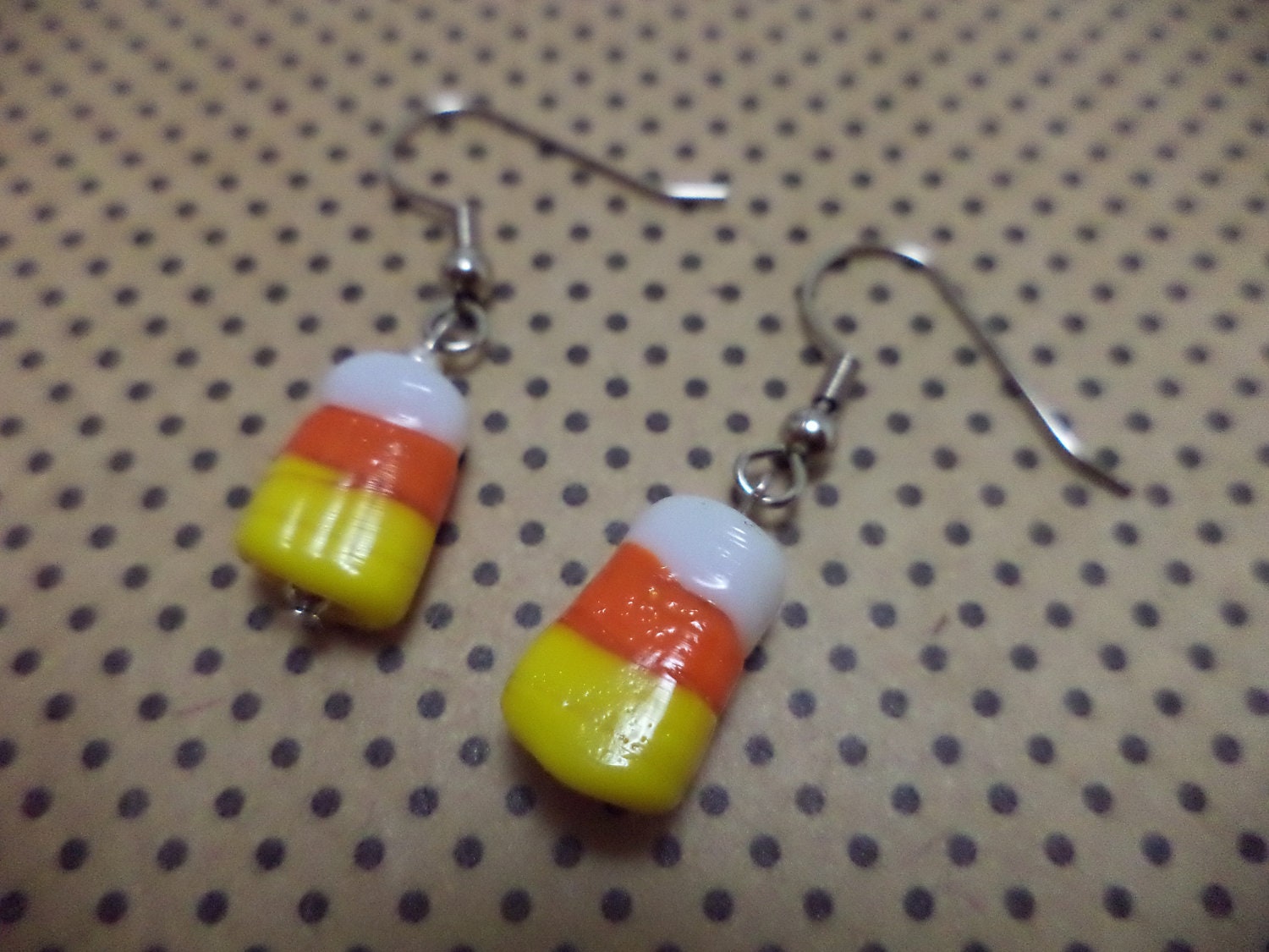 Candy Corn Earrings - Halloween, Kitsch, Fall, Lampwork, Orange, Yellow, White, Dangle