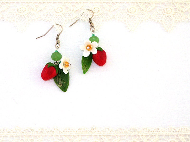Strawberry bouquet polymer clay earrings. Handcrafted unique jewelry. FREE SHIPPING. Made to order