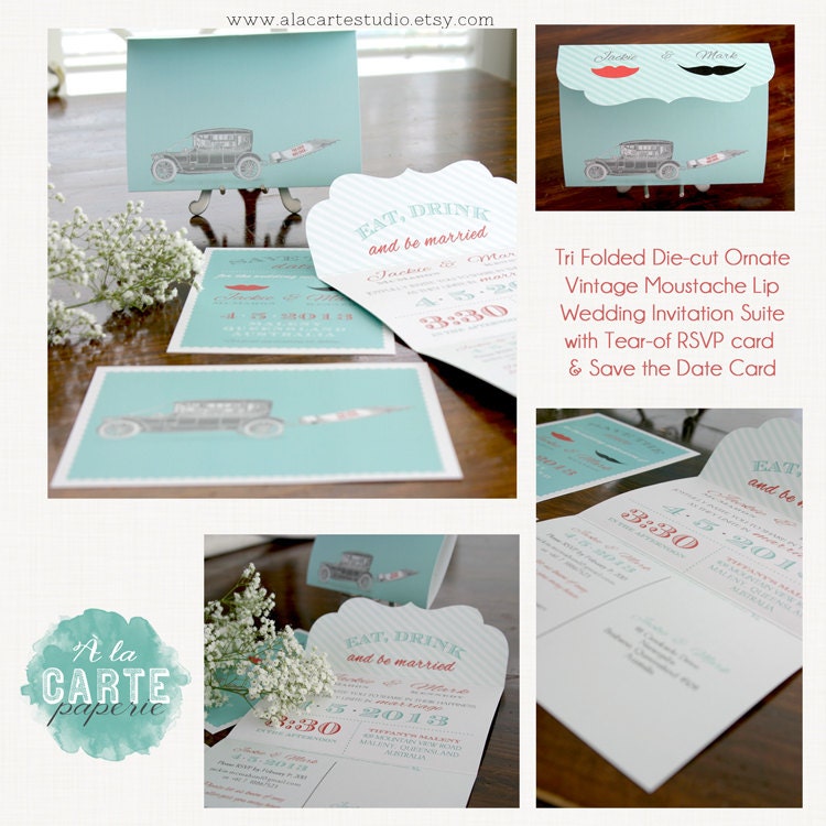 Tri Folded Ornate Vintage Moustache Lip Wedding Invitation Suite with Tear-of RSVP card