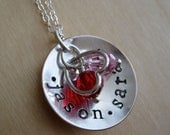 Personalized Jewelry - Hand Stamped Mothers Necklace - Sterling Silver Name Charm with a Heart and Birthstones